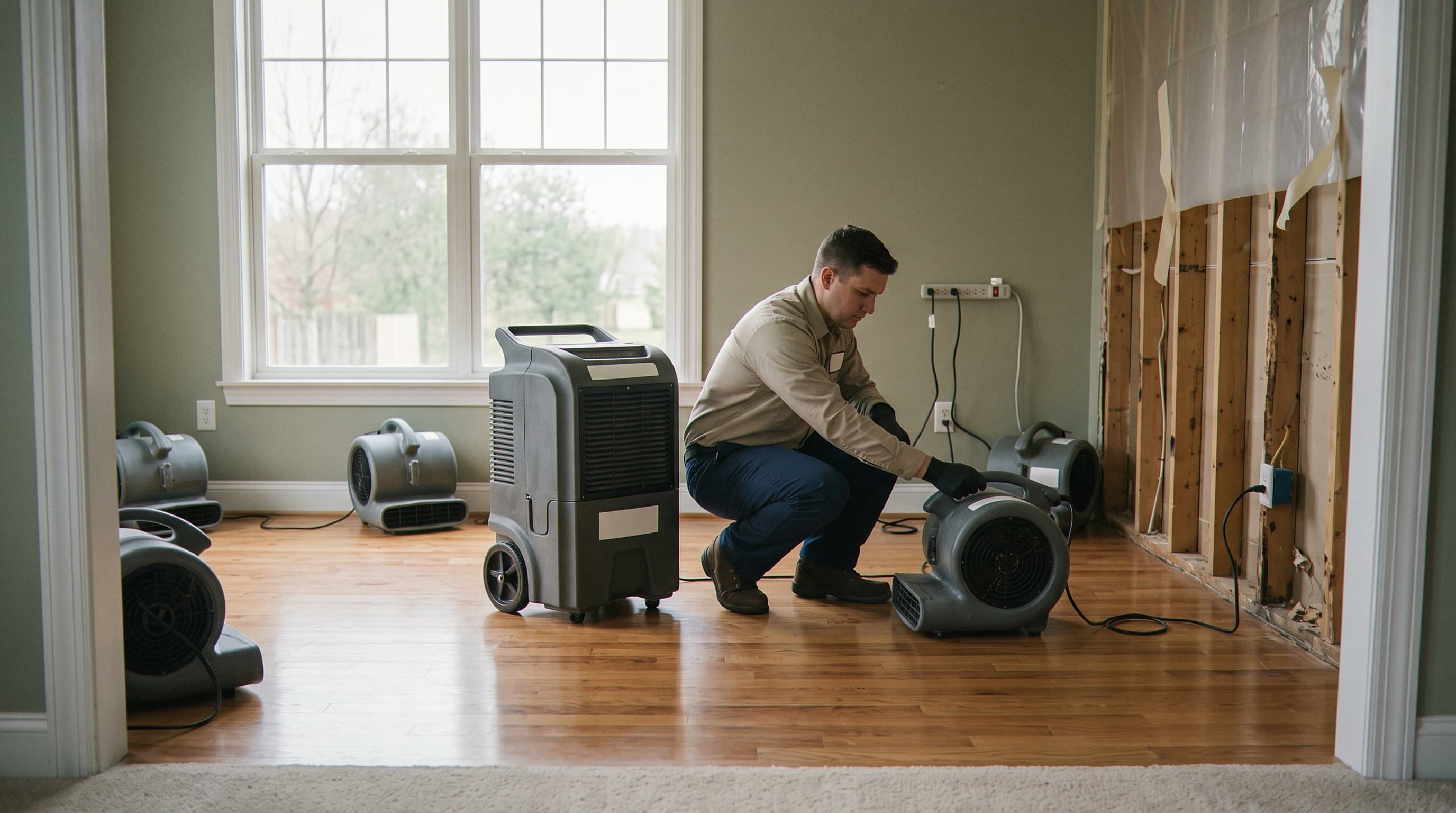 Drying equipment in operation with air movers.