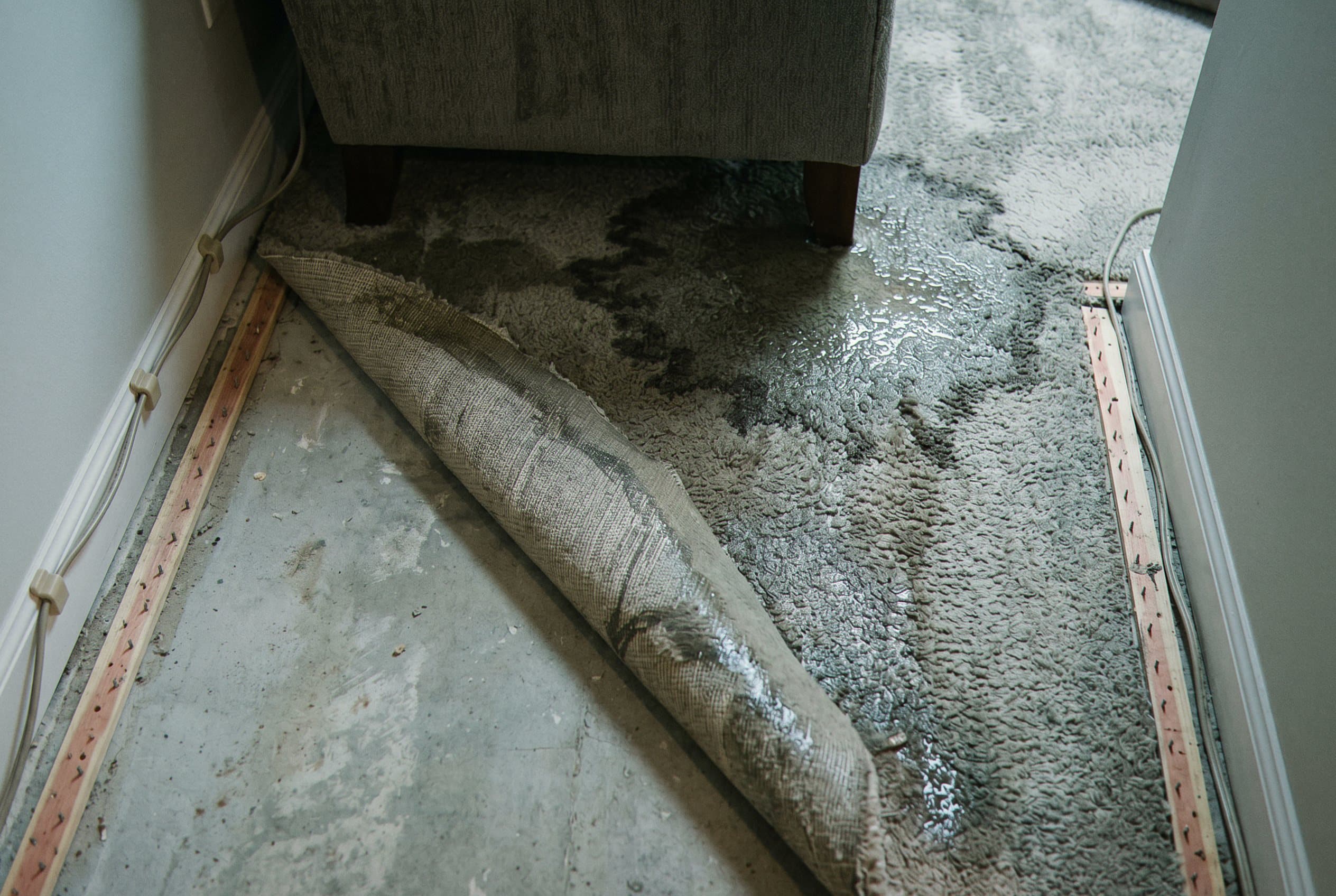 Standing water across flooded basement floor.